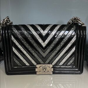 Chanel Black and Silver Chevron Crossbody Bag